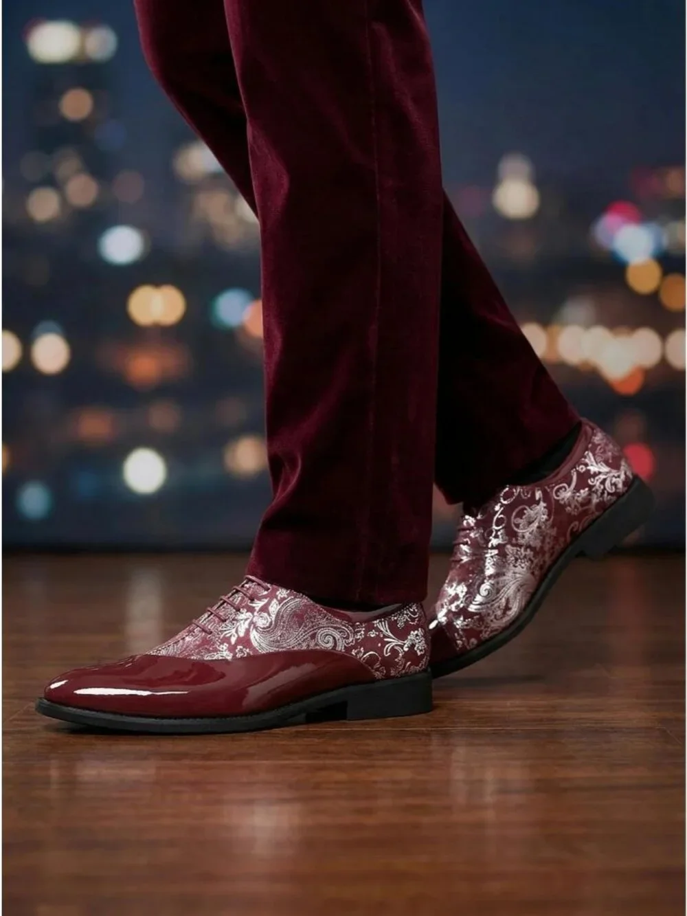 Men's Red Elegant Rubber Sole Lace Up Patent Velvet Tuxedo Formal Oxford Shoes